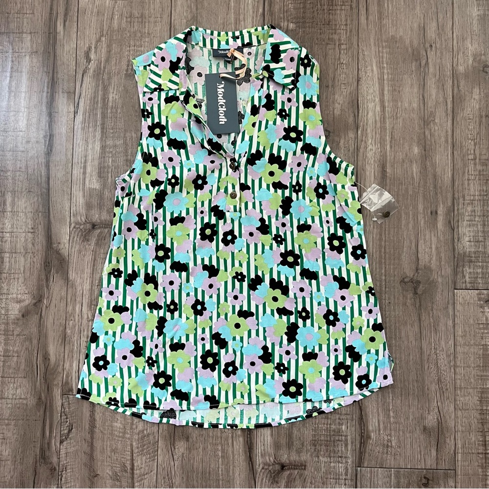 Modcloth XXS Striped Floral Part of the Plan Sleeveless Top NWT